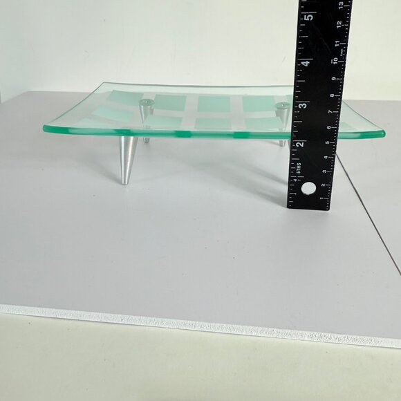 MCM Tray Frosted Glass Atomic Era Grid Pattern Metal Peg Legs VTG 60s Decorative - Picture 9 of 14